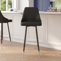 Flash Furniture SY-807-30-BK-GG Shelly Set of 2 Commercial LeatherSoft Bar Height Stools with Solid Black Metal Frames and Chrome Accented Feet and Footrests, Black